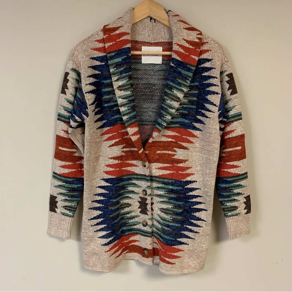 Lucky Brand Beige Cardigan Sweater with Rust, Navy & Teal Aztec Pattern